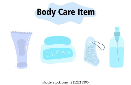 Items and elements for body care. Bathroom items, a tube and a jar of cream, a foot care foam and a body spray. In a color style. Vector illustration.