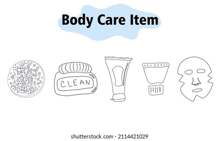 Items and elements for body care. Bathroom items, sponge for washing, face cream and tubes for cream or toothpaste, face mask. In a linear style. Vector illustration.