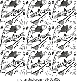 items for fishing with caught fish, fishing pole, bucket, bobber, net and fishhooks