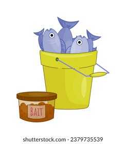 Items for fishing set. Yellow bucket with fish and glass can with balt. Active lifestyle and leisure. Template and layout. Cartoon flat vector collection isolated on white background