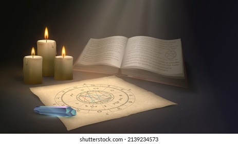 Items of a fortune teller or astrologer on the table: a natal chart, candles and an old book