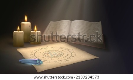 Items of a fortune teller or astrologer on the table: a natal chart, candles and an old book