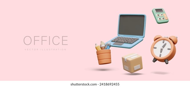 Items and gadgets for modern office. 3D laptop, alarm clock, calculator, pencil cup, parcel