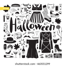 Items for Halloween. Black and white vector illustration.