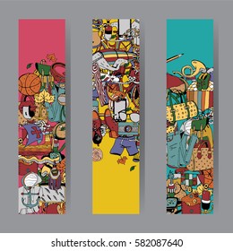 Items for the Holidays. Vector Cards and Banners Set. Adventure time concept.