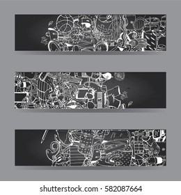 Items for the Holidays. Vector Cards and Banners Set  with Gray Chalkboard. Adventure time concept.