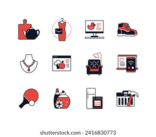 Items for home and clothing - line design style icons set with editable stroke. Wardrobe for fashion, women and men, jewelry, perfume, furniture and appliances. Daily household and shopping idea