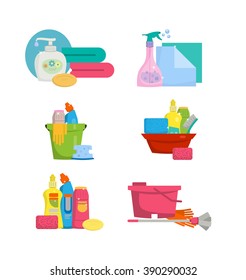 Items for the house cleaning. Vector illustration. Flat design, cartoon style.Concept- cleaning the house
