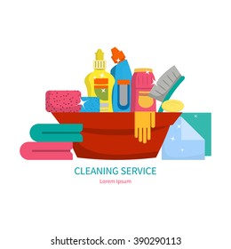 Items for the house cleaning. Vector illustration. Flat design, cartoon style.Concept- cleaning the house