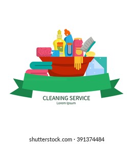 Items for the house cleaning. Vector illustration. Flat design, cartoon style.Concept- cleaning the house