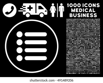 Items icon with 1000 medical business white vector pictographs. Design style is flat symbols, black background.