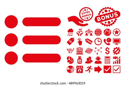 Items icon with bonus elements. Vector illustration style is flat iconic symbols, red color, white background.