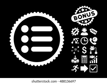 Items icon with bonus pictogram. Vector illustration style is flat iconic symbols, white color, black background.