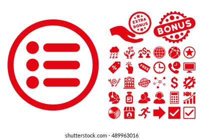 Items icon with bonus pictures. Vector illustration style is flat iconic symbols, red color, white background.