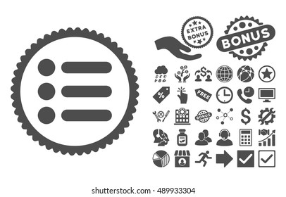 Items icon with bonus symbols. Vector illustration style is flat iconic symbols, gray color, white background.