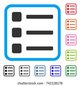 Items icon. Flat grey pictogram symbol in a light blue rounded squared frame. Black, gray, green, blue, red, orange color additional versions of Items vector. Designed for web and software UI.