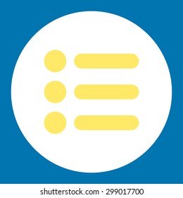 Items icon from Primitive Round Buttons OverColor Set. This round flat button is drawn with yellow and white colors on a blue background.