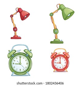 Iconos de elementos establecidos. Lámpara de mesa y reloj despertador en diferentes colores. Suministros escolares aislados de fondo blanco.