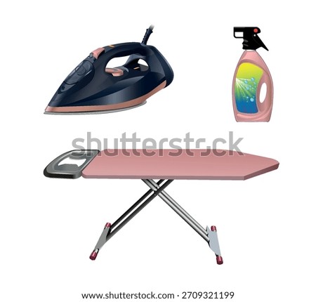 Items for ironing clothes. Iron, ironing board, and spray on a white background. Vector illustration