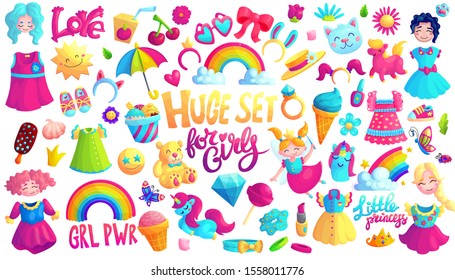 Items for little princess cartoon stickers set. Lovely clothes, shoes, toys, cosmetics, sweets icon collection. Kawaii vector drawings for girls. Fantasy scrapbook patches isolated on white