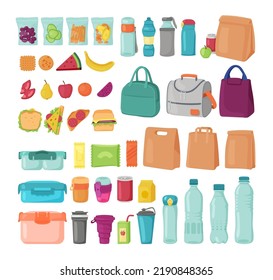 Items for lunch at school or office vector illustrations set. Backpacks and bags, packed healthy meals for picnic or lunch boxes, juice, water bottles on white background. Lunch break, food concept