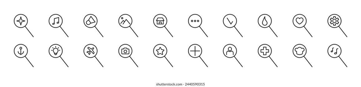 Items in magnifying glass linear vector icons collection. Editable stroke. Simple linear illustration for web sites, newspapers, articles book