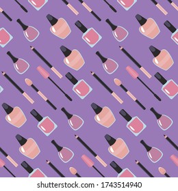 items for manicure; pattern for beauty; design business cards; makeup; vector graphics; nail polish; brush for eyeshadow; mascara and eyeliner; background for design; beauty saloon; stylish background