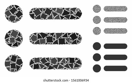 Items mosaic of uneven pieces in various sizes and color tints, based on items icon. Vector rugged pieces are organized into collage. Items icons collage with dotted pattern.
