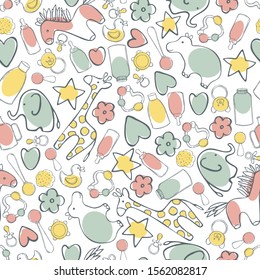 Items For Newborn.  Hand Drawn Baby Toys And Accessories. Vector  Seamless Pattern 