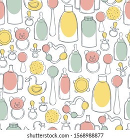 Items for newborn.  Hand drawn baby toys and accessories. Vector  seamless pattern 