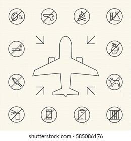 Items not allowed to carry in luggage for boarding. Prohibition icons set.