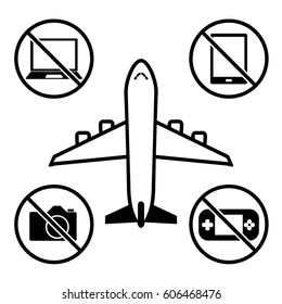 Items not allowed to carry in luggage for boarding. Prohibition icons set.