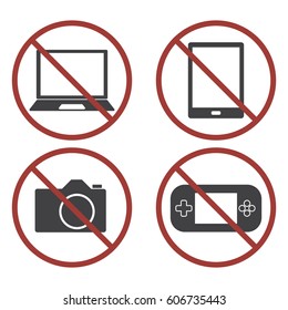 Items not allowed to carry in luggage for boarding. Prohibition icons set.