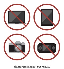 Items not allowed to carry in luggage for boarding. Prohibition icons set. Flat design