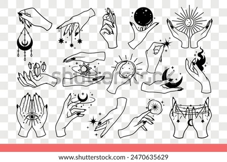 Items for occult rituals in hands of witches and fortune tellers who use esoteric practices for witchcraft. Occult talismans for predicting future and communicating with dead. Hand drawn doodle