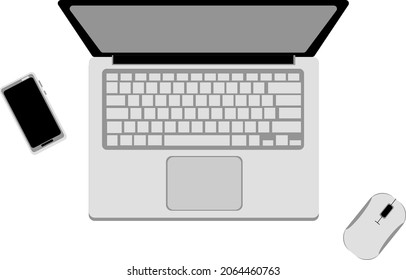 Items for the office or work at home. Desktop with laptop, phone. Illustration on a white background.