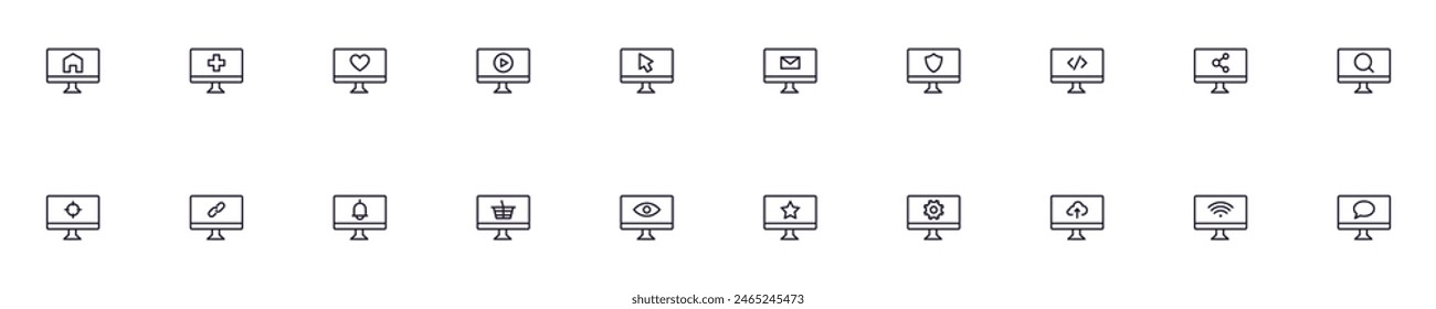 Items on computer line icons pack. Simple outline sign and editable stroke for web sites, articles, books, apps