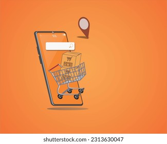 items on Grocery cart and smartphone standing sideways, shopper location symbol, online shopping concept