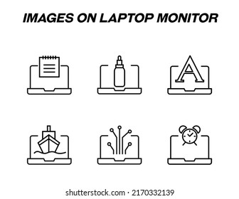 Items on laptop monitor pack. Modern vector monochrome signs. Line icon set with icons of calendar, cosmetic bottle, a letter, ship, algorithm, alarm clock on laptop monitor 