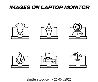 Items on laptop monitor pack. Modern vector monochrome signs. Line icon set with icons of chef, pen tool, astronaut, fire, programmer, scale 
