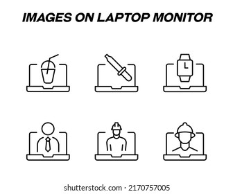 Items on laptop monitor pack. Modern vector monochrome signs. Line icon set with icons of soda, eyedropper, wristwatch, office worker, builder on laptop monitor 