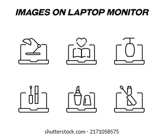 Artikel im Notebook-Monitorpaket. Moderne, monochrome Vektorzeichen. Zeilensymbol mit Symbolen aus Tischlampe, Herz, Buch, Shampoo, Lippenstift, Mascara auf Laptop-Monitor 