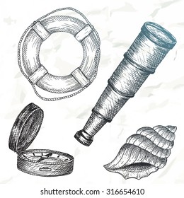 Items on the marine theme. Hand drawn elements.