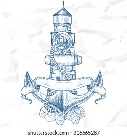 Items on the marine theme. Hand drawn elements.