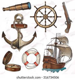 Items on the marine theme. Hand drawn elements.