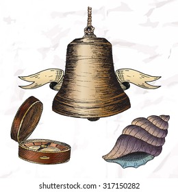Items on the marine theme. Hand drawn elements.