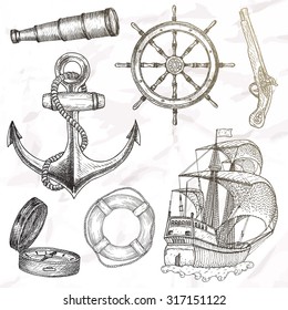 Items on the marine theme. Hand drawn elements.