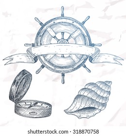 Items on the marine theme. Hand drawn elements.