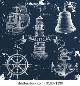 Items on the marine theme. Hand drawn elements. Grunge effect.