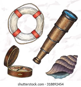 Items on the marine theme. Hand drawn elements.